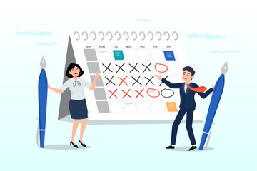 Smart businessman and woman office worker holding big pencils discussing project timeline calendar, work schedule calendar, project management timeline or business planning and reminder (Vector)
