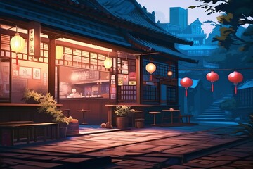 anime-inspired art style, Tokyo ramen shop glows warmly on a tranquil evening, with traditional Asian lofi architectural elements