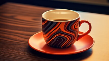 A coffee cup or tea cup on an office desk with 70s resembling design