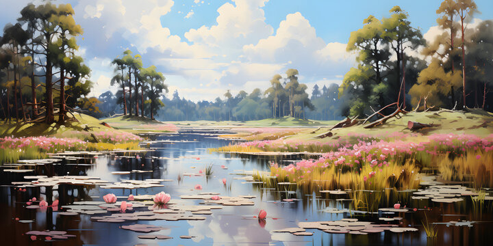 painting of the swamp landscape, a picturesque natural environment in harmonious colours
