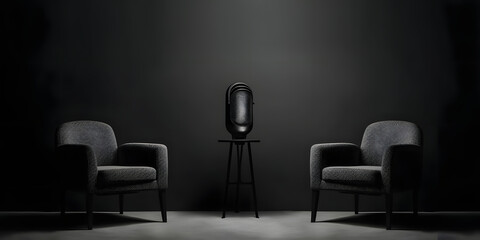 two chairs and microphones in podcast or interview room isolated on dark background as a wide banner for media conversations or podcast streamers concepts with copy space