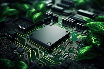 Green eco system electronic printed circuit board computer with green leaves environment background. Communication and technology concept.