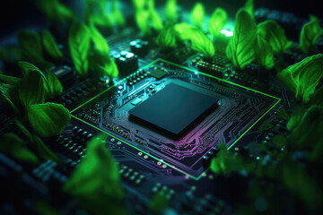 Green eco system electronic printed circuit board computer with green leaves environment background. Communication and technology concept. - obrazy, fototapety, plakaty
