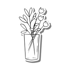 Black line Tulip in Glass on white silhouette and gray shadow. Hand drawn cartoon style. Vector illustration for decorate and any design.