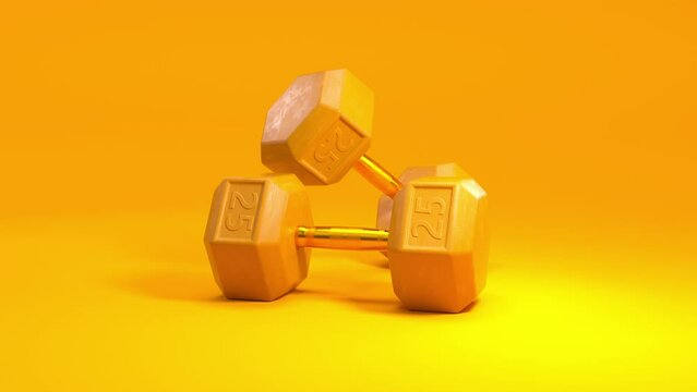 High quality 3D animation of yellow 25kg dumbbells on a clean yellow background. The camera circles the dumbbells, creating a dynamic effect. Perfect for sport, fitness, and weight training projects.