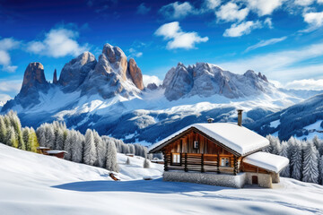 Bright winter view of Alpe di Siusi village. scene of Dolomite Alps
