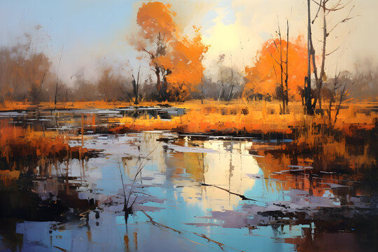 colourful impressionist painting of the swamp landscape, a picturesque natural environment in harmonious colours