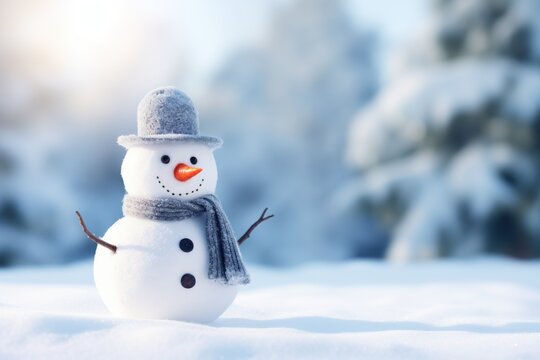 Happy snowman standing in winter landscape. Merry christmas and happy new year greeting card with copy space. Snow background. Winter fairytale.