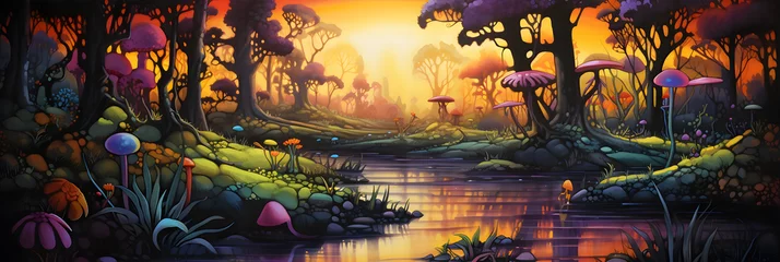 Fotobehang colourful cartoon style painting of the swamp landscape, a picturesque natural environment in bright colours © sam