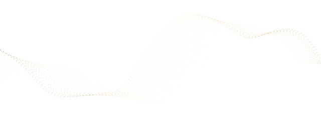 Abstract flowing golden dots particles wave curved lines on transparent background. Golden halftone gradient smooth curve line shape. Design for frequency sound, technology, science, banner, business.