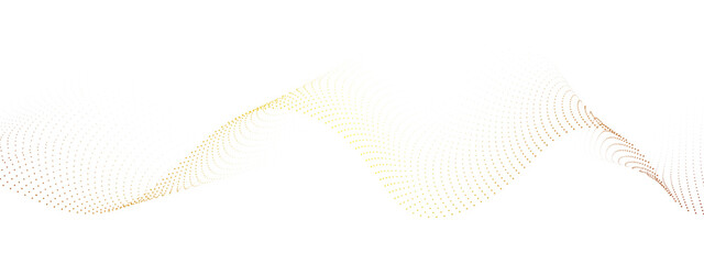 Abstract flowing golden dots particles wave curved lines on transparent background. Golden halftone gradient smooth curve line shape. Design for frequency sound, technology, science, banner, business.