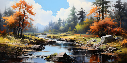 painting of the river landscape, a picturesque natural environment in harmonious colours - obrazy, fototapety, plakaty