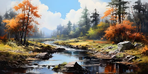 Fotobehang painting of the river landscape, a picturesque natural environment in harmonious colours © sam