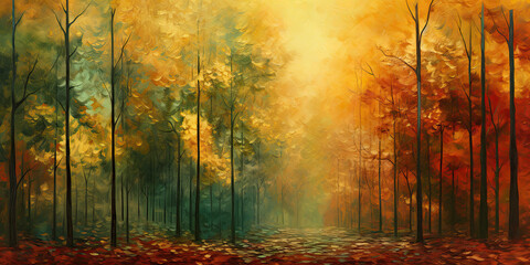 Fototapeta premium Forest woodland background backdrop wide angle trees magical mystical woodlands, generated ai