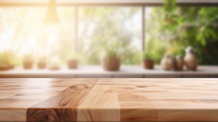Empty Beautiful wood table top and blur bokeh modern kitchen interior background in clean and bright, Ready for product montage
