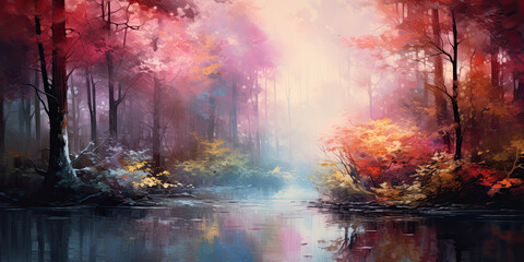 Forest woodland background backdrop wide angle trees magical mystical woodlands, generated ai