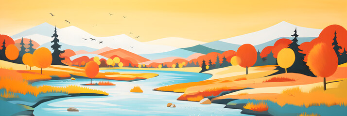 colourful cute and simple painting of the river landscape, a picturesque natural environment in bright vivid colours