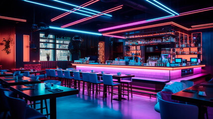 A modern spacious restaurant or nightclub with a lot of neon lights and LED strips. - Powered by Adobe