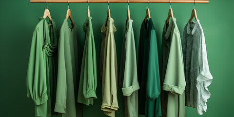 Stylish green shirts for woman hanging in the hanger green background with generative ai
