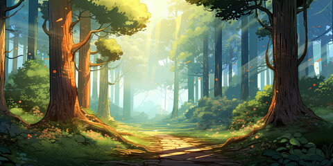 Obraz na płótnie Canvas Forest woodland background backdrop wide angle trees magical mystical woodlands, generated ai