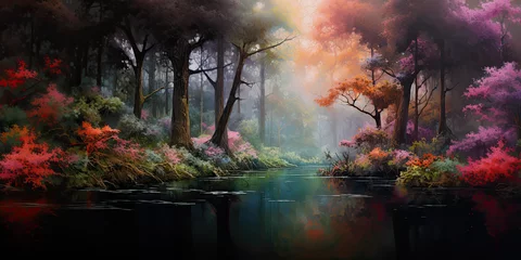 Foto op Plexiglas Forest woodland background backdrop wide angle trees magical mystical woodlands, generated ai © dan