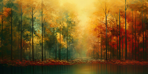 Obraz premium Forest woodland background backdrop wide angle trees magical mystical woodlands, generated ai