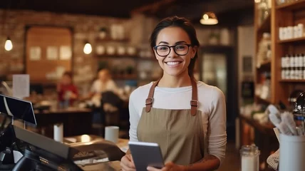 Fotobehang Smiling female cashier accepting payments. generative ai © Krisana