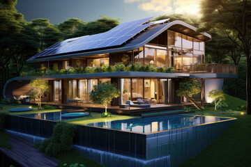 a modern house with solar pannels - obrazy, fototapety, plakaty