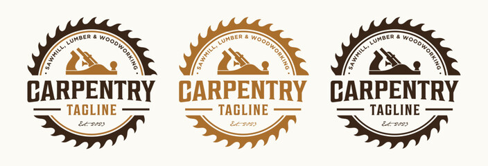 Carpentry logo design vintage  vector illustration with circular saw blade woodworking and wood planer or jack plane tools - obrazy, fototapety, plakaty