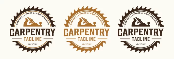 Tuinposter Carpentry logo design vintage  vector illustration with circular saw blade woodworking and wood planer or jack plane tools © Avni Design