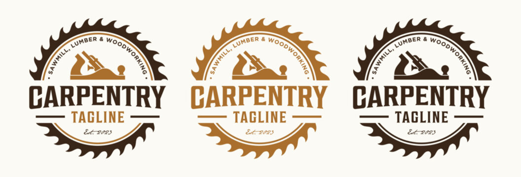 Carpentry logo design vintage  vector illustration with circular saw blade woodworking and wood planer or jack plane tools