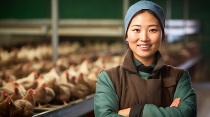 A smiling asian female chicken farmer stands with his arms folded in the poultry shed generative ai. - obrazy, fototapety, plakaty