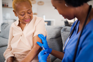 Healthcare, black woman and doctor for a home vaccine, virus safety and security from covid. Smile, medicine and and African nurse with a senior patient and giving a vaccination during a consultation