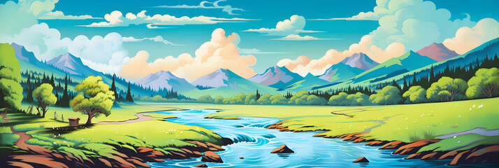 colourful cartoon style painting of the river landscape, a picturesque natural environment in...