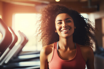Young sporty African American woman doing sport in gym center, run on treadmill . Healthy lifestyle