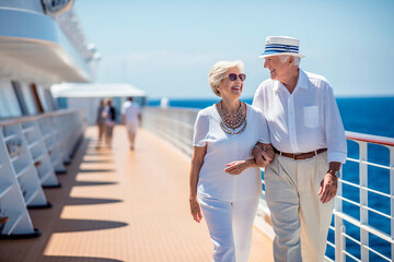 Mature couple wife and husband walking along a cruise ship deck. - obrazy, fototapety, plakaty
