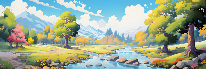 colourful cartoon style painting of the river landscape, a picturesque natural environment in...