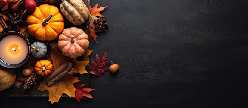 A cozy table with hygge vibes is shown from a top view featuring a wicker place mat pumpkins autumn leaves and a candle on a dark table It creates a warm and inviting autumn setting perfect 