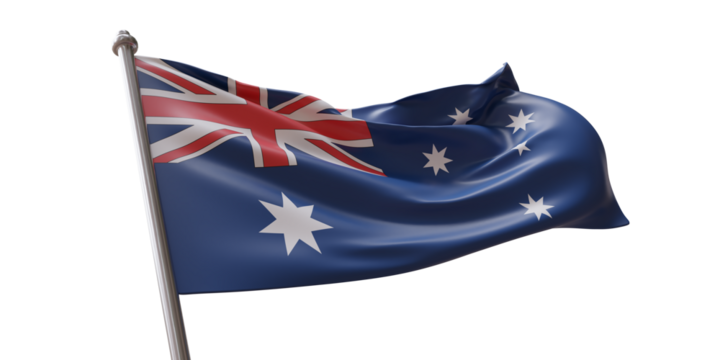 Australia flag waving isolated on white transparent background, PNG. 