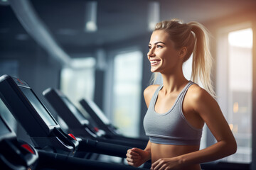 Fototapeta na wymiar Woman doing cardio training on treadmill, working out in gym. healthy lifestyle