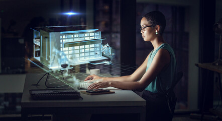 Hologram, computer and business woman typing in office with 3d building at night. Futuristic, ai and female employee with holographic software for architecture, home or house with augmented reality.
