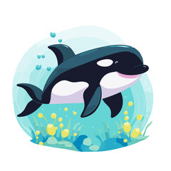 Cartoon-Illustration eines Orcas im Ozean - obrazy, fototapety, plakaty