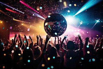 Fototapeta na wymiar Party in concert stage with disco ball of the disco era