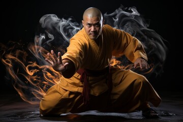 Wushu practitioner demonstrating a graceful sword form, Generative AI 