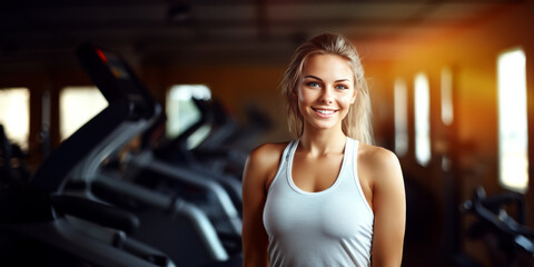 Fototapeta na wymiar Young sporty woman doing sport in the gym center, run on treadmill . Healthy lifestyle