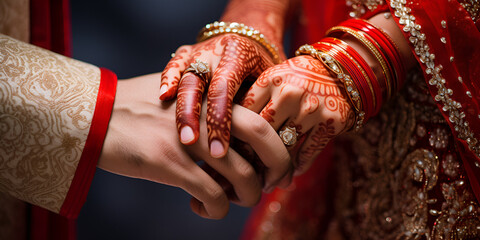 Groom holding bridal hand ,bride showing her mehndi arts and wedding rings ,with generative ai - obrazy, fototapety, plakaty
