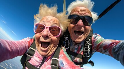 A senior or elderly couple tandem skydiving