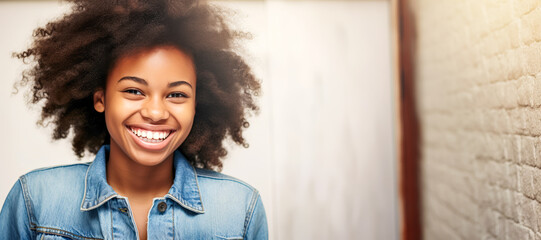 Fototapeta premium Young Afro-Caribbean woman in denim jacket, smiling widely.