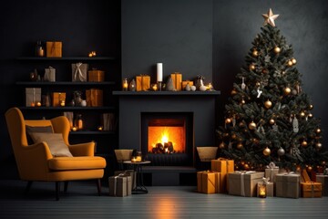 Christmas living room interior design, magic glowing xmas tree, fireplace, gifts background with copy space. - obrazy, fototapety, plakaty