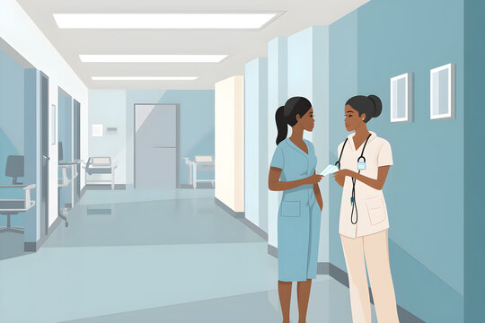 illustration of black nurse and doctor in hospital corridor discussing medical procedures and patient treatment